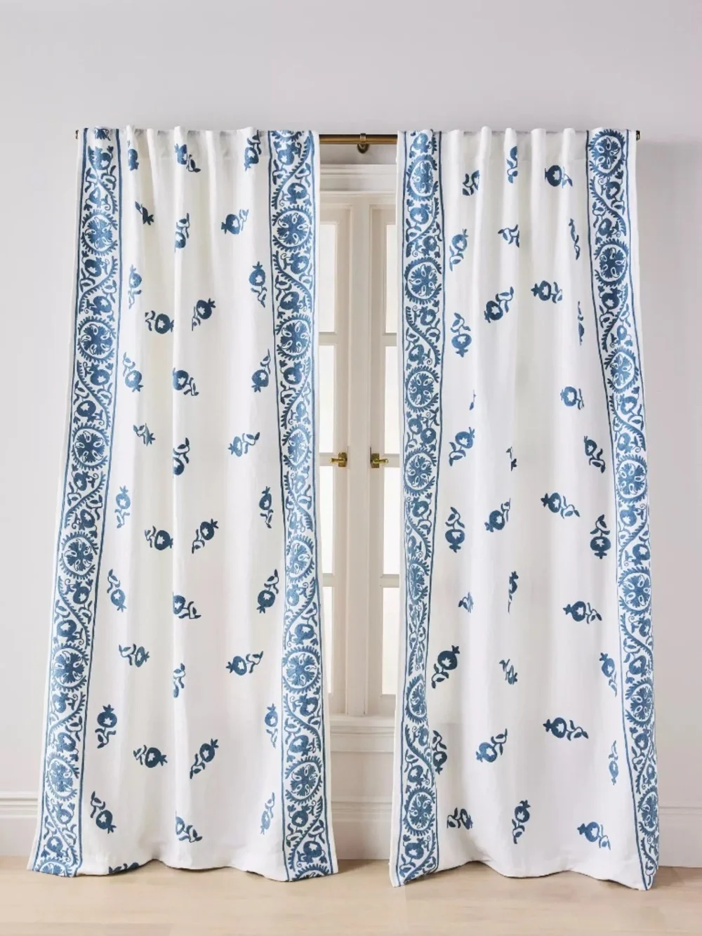 Anthropologie Embroidered Cotton Suzani Border Curtain BLUE 96” x 50” 2 PANELS